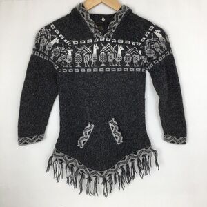 Alpaca Pull Over Tunic Hoodie Sweater Boho Fringe Gray Black Girls 8 Super Soft